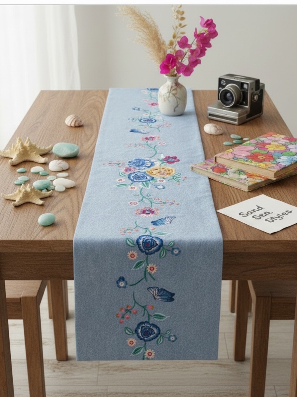 JOHNNY WAS Taymia Embroidered Table Runner | Denim Blue Floral Butterflies - Picture 4 of 6